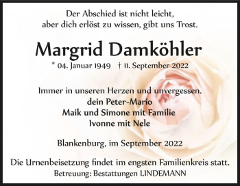 Traueranzeige von Margrid Damköhler  von Magdeburger Volksstimme