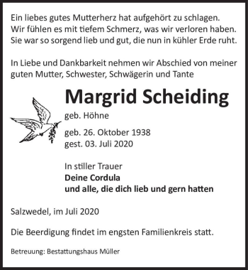 Traueranzeige von Margrid Scheiding (geb. Höhne)  von Magdeburger Volksstimme