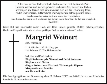 Traueranzeige von Margrid Weinert (geb. Vorsprach)  von Magdeburger Volksstimme