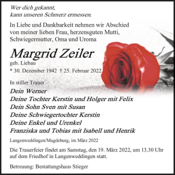 Traueranzeige von Margrid Zeiler (geb. Liebau)  von Magdeburger Volksstimme