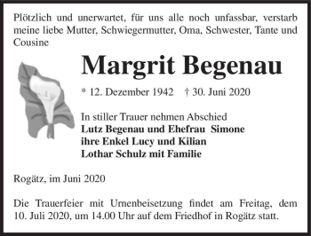 Traueranzeige von Margrit Begenau  von Magdeburger Volksstimme