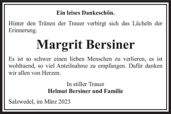 Traueranzeige von Margrit Bersiner  von Magdeburger Volksstimme