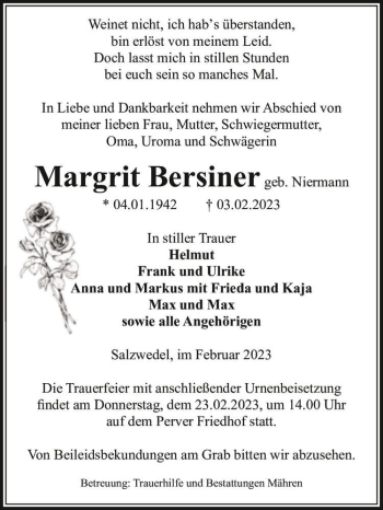 Traueranzeige von Margrit Bersiner (geb. Niermann)  von Magdeburger Volksstimme