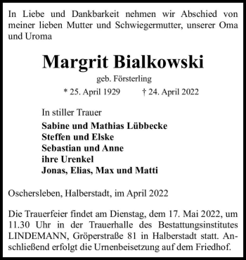 Traueranzeige von Margrit Bialkowski (geb. Försterling)  von Magdeburger Volksstimme