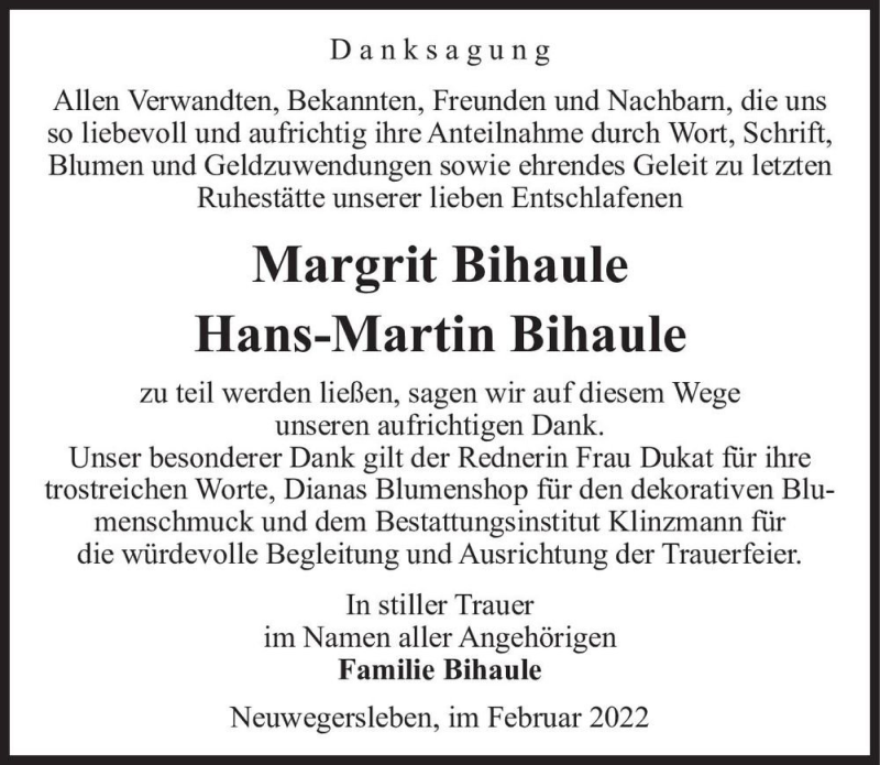 Traueranzeige für Margrit Bihaule und Hans-Martin Bihaule  vom 12.02.2022 aus Magdeburger Volksstimme