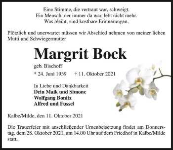 Traueranzeige von Margrit Bock (geb. Bischoff)  von Magdeburger Volksstimme