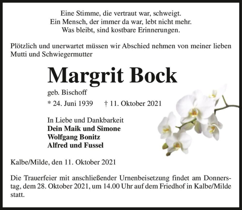  Traueranzeige für Margrit Bock (geb. Bischoff)  vom 15.10.2021 aus Magdeburger Volksstimme