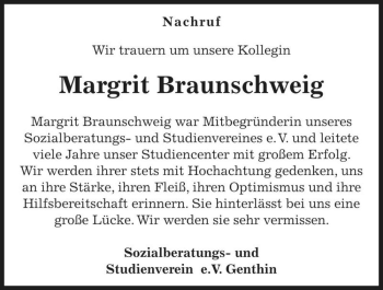 Traueranzeige von Margrit Braunschweig  von Magdeburger Volksstimme