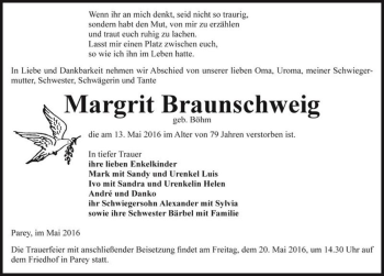 Traueranzeige von Margrit Braunschweig (geb. Böhm)  von Magdeburger Volksstimme
