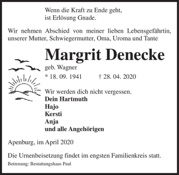 Traueranzeige von Margrit Denecke (geb. Wagner)  von Magdeburger Volksstimme