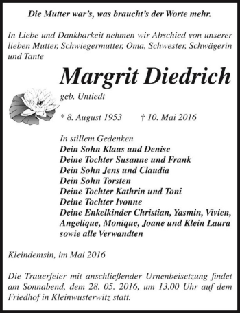 Traueranzeige von Margrit Diedrich 8geb. Untiedt)  von Magdeburger Volksstimme