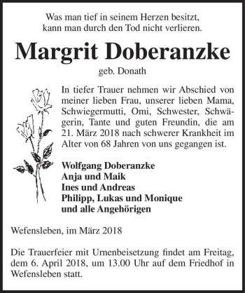 Traueranzeige von Margrit Doberanzke (geb. Donath)  von Magdeburger Volksstimme