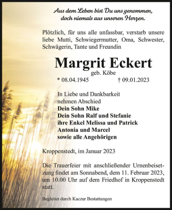 Traueranzeige von Margrit Eckert (geb. Köhe)  von Magdeburger Volksstimme