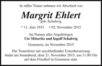 Traueranzeige von Margrit Ehlert (geb. Schalwig)  von Magdeburger Volksstimme