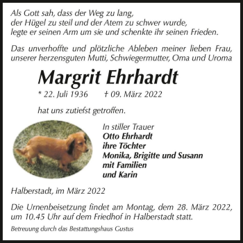 Traueranzeige von Margrit Ehrhardt  von Magdeburger Volksstimme