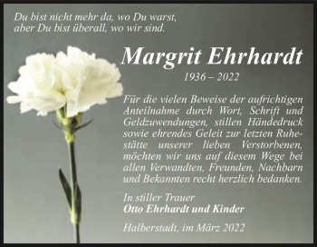 Traueranzeige von Margrit Ehrhardt  von Magdeburger Volksstimme