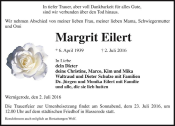 Traueranzeige von Margrit Eilert  von Magdeburger Volksstimme