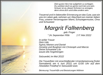 Traueranzeige von Margrit Falkenberg (geb. Finger)  von Magdeburger Volksstimme