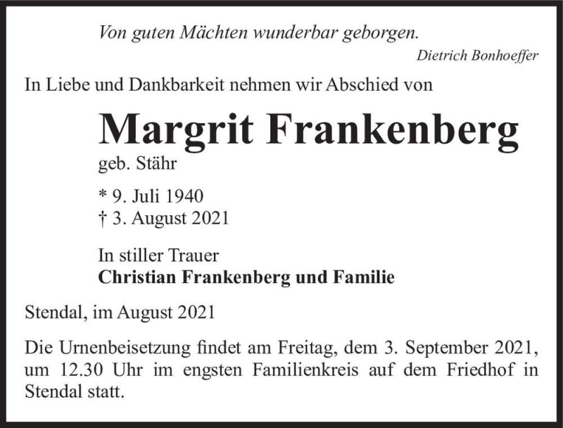 Traueranzeige für Margrit Frankenberg (geb. Stähr)  vom 21.08.2021 aus Magdeburger Volksstimme