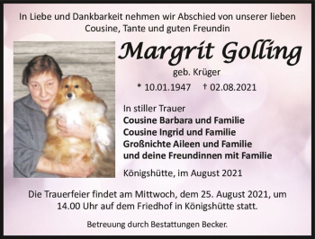 Traueranzeige von Margrit Golling (geb. Krüger)  von Magdeburger Volksstimme