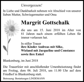 Traueranzeige von Margrit Gottschalk  von Magdeburger Volksstimme