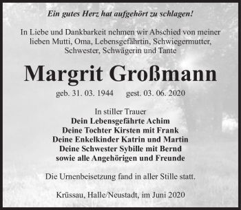 Traueranzeige von Margrit Großmann  von Magdeburger Volksstimme