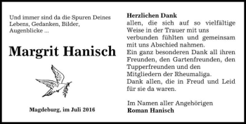 Traueranzeige von Margrit Hanisch  von Magdeburger Volksstimme