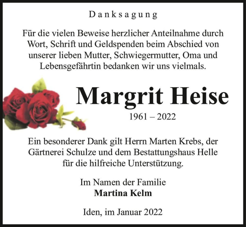  Traueranzeige für Margrit Heise  vom 25.01.2022 aus Magdeburger Volksstimme