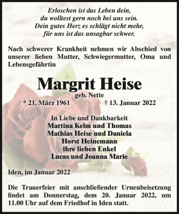 Traueranzeige von Margrit Heise (geb. Nette)  von Magdeburger Volksstimme