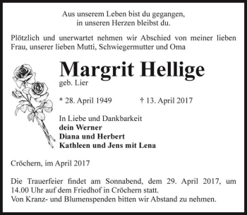 Traueranzeige von Margrit Hellige (geb. Lier)  von Magdeburger Volksstimme