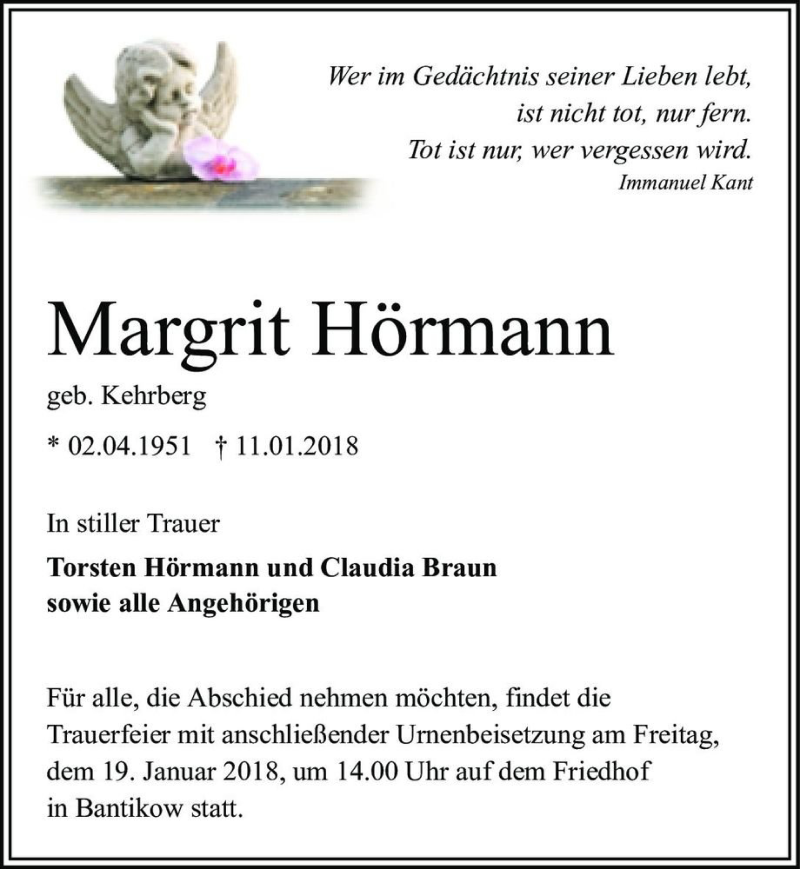  Traueranzeige für Margrit Hörmann (geb. Kehrberg)  vom 16.01.2018 aus Magdeburger Volksstimme