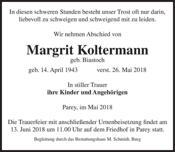 Traueranzeige von Margrit Koltermann (geb. Biastoch)  von Magdeburger Volksstimme