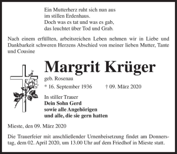 Traueranzeige von Margrit Krüger (geb. Rosenau)  von Magdeburger Volksstimme
