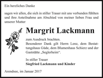 Traueranzeige von Margrit Lackmann  von Magdeburger Volksstimme