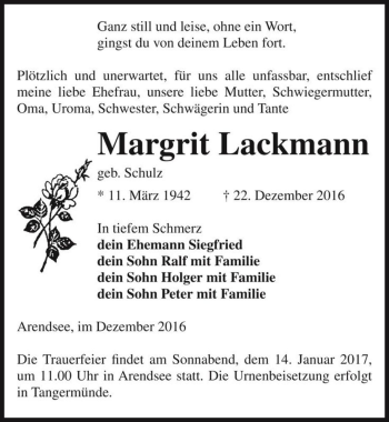 Traueranzeige von Margrit Lackmann (geb. Schulz)  von Magdeburger Volksstimme