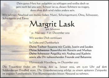 Traueranzeige von Margrit Lask (geb. Schumann)  von Magdeburger Volksstimme