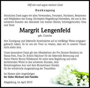 Traueranzeige von Margrit Lengenfeld (geb. Gutsche)  von Magdeburger Volksstimme