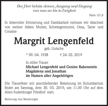 Traueranzeige von Margrit Lengenfeld (geb. Gutsche)  von Magdeburger Volksstimme