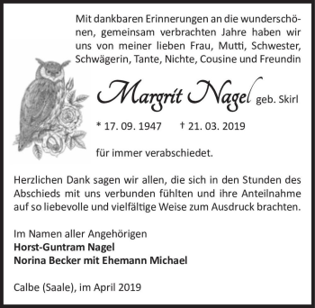 Traueranzeige von Margrit Nagel (geb. Skirl)  von Magdeburger Volksstimme
