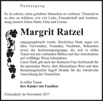 Traueranzeige von Margrit Ratzel  von Magdeburger Volksstimme