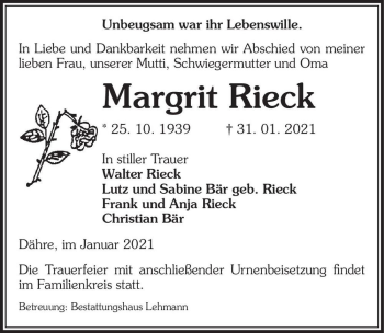 Traueranzeige von Margrit Rieck  von Magdeburger Volksstimme