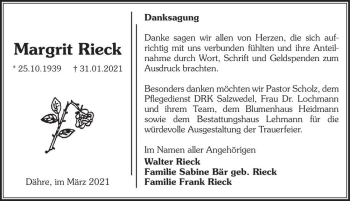 Traueranzeige von Margrit Rieck  von Magdeburger Volksstimme