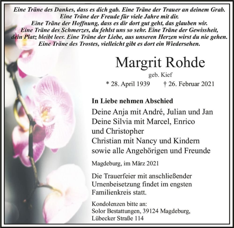  Traueranzeige für Margrit Rohde (geb. Kief)  vom 13.03.2021 aus Magdeburger Volksstimme