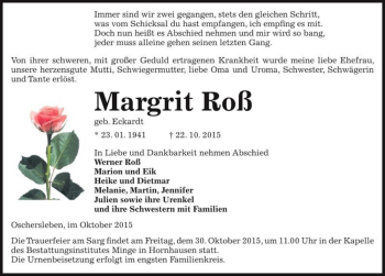 Traueranzeige von Margrit Roß (geb. Eckardt)  von Magdeburger Volksstimme