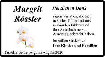 Traueranzeige von Margrit Rössler  von Magdeburger Volksstimme