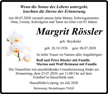 Traueranzeige von Margrit Rössler (geb. Heydecke)  von Magdeburger Volksstimme