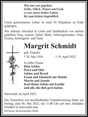 Traueranzeige von Margrit Schmidt (geb. Francke)  von Magdeburger Volksstimme