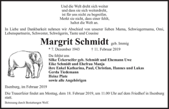Traueranzeige von Margrit Schmidt (geb. Immig)  von Magdeburger Volksstimme
