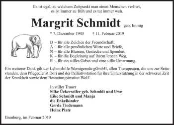 Traueranzeige von Margrit Schmidt (geb. Immig)  von Magdeburger Volksstimme