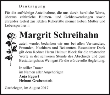 Traueranzeige von Margrit Schreihahn  von Magdeburger Volksstimme